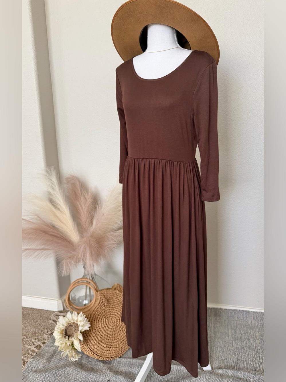Zenana -  Chocolate Brown 3/4 Sleeve Scoop-Neck Dress